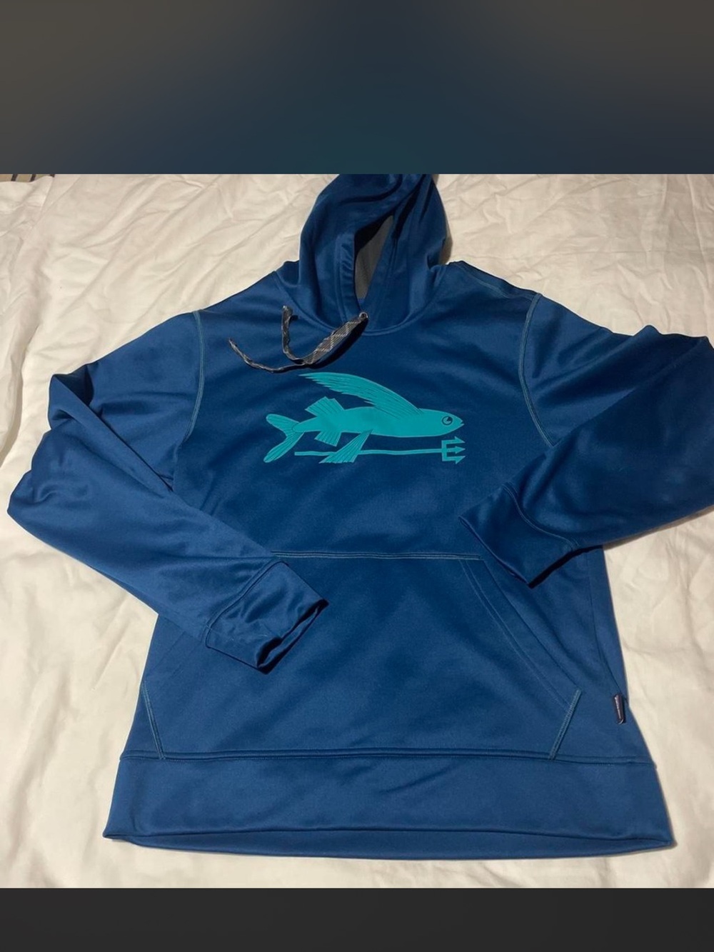 Patagonia Men's Navy Blue Swim Hoodie with Teal Fish Graphic